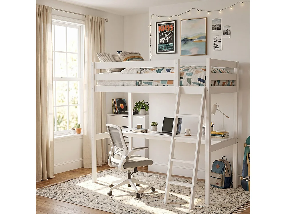 Lit mezzanine ASPEN 90x190 + 1 sommier + bureau / Blanc