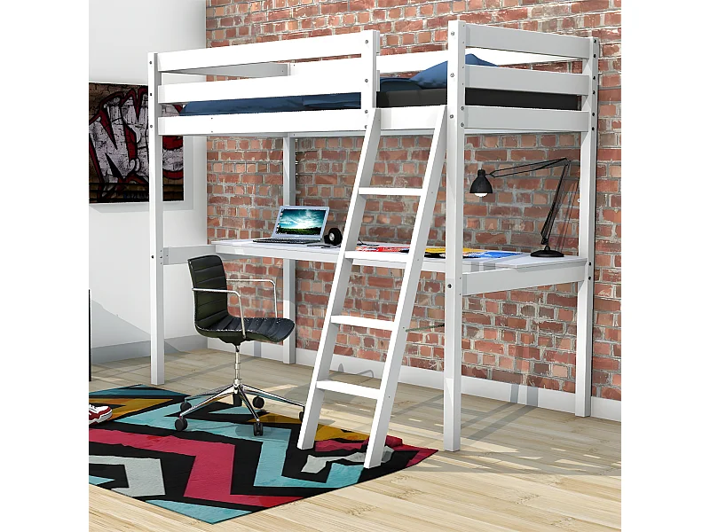Lit mezzanine ASPEN 90x190 + 1 sommier + bureau / Blanc