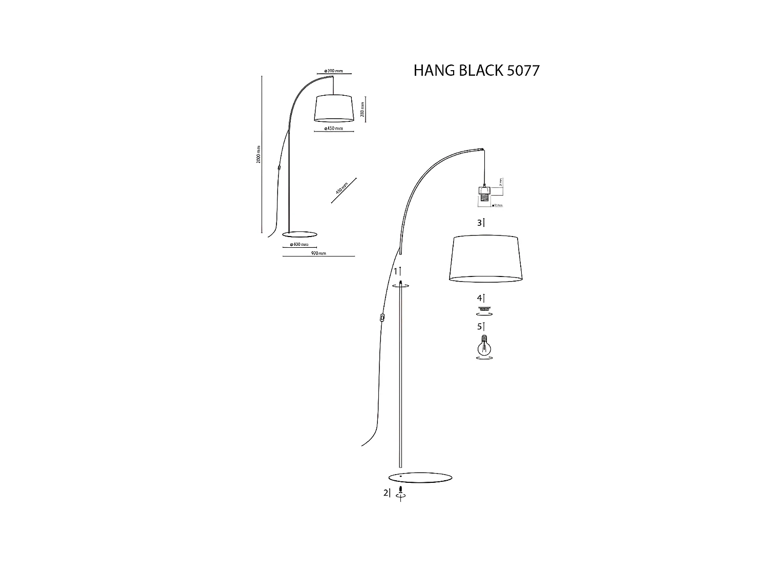 Grand lampadaire Arc noir - H200cm - 1xE27 - modèle HANG de TK LIGHTING