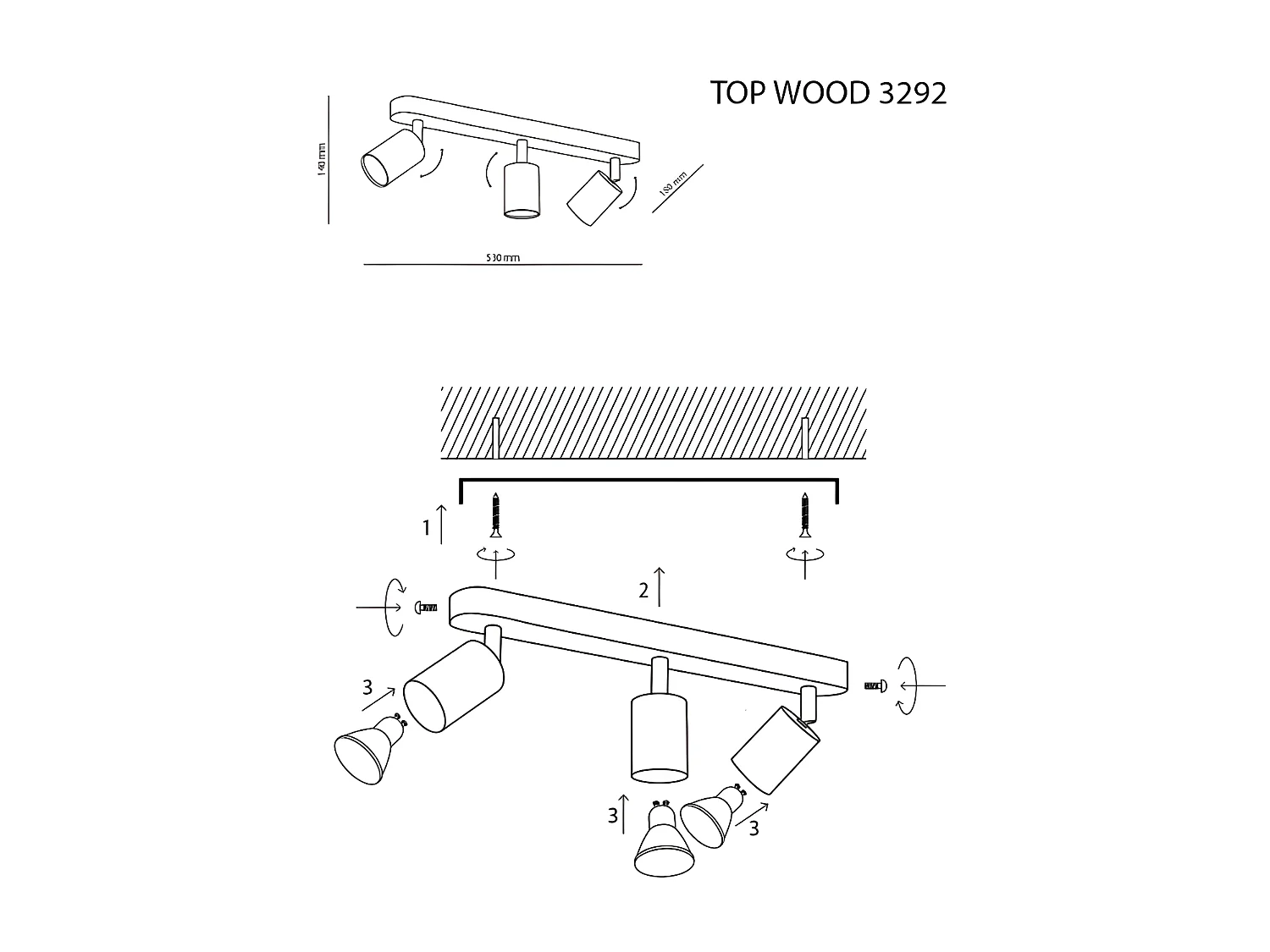 Plafonnier métal blanc et bois - Orientable - 3x GU10- modèle TOP WOOD de TK LIGHTING