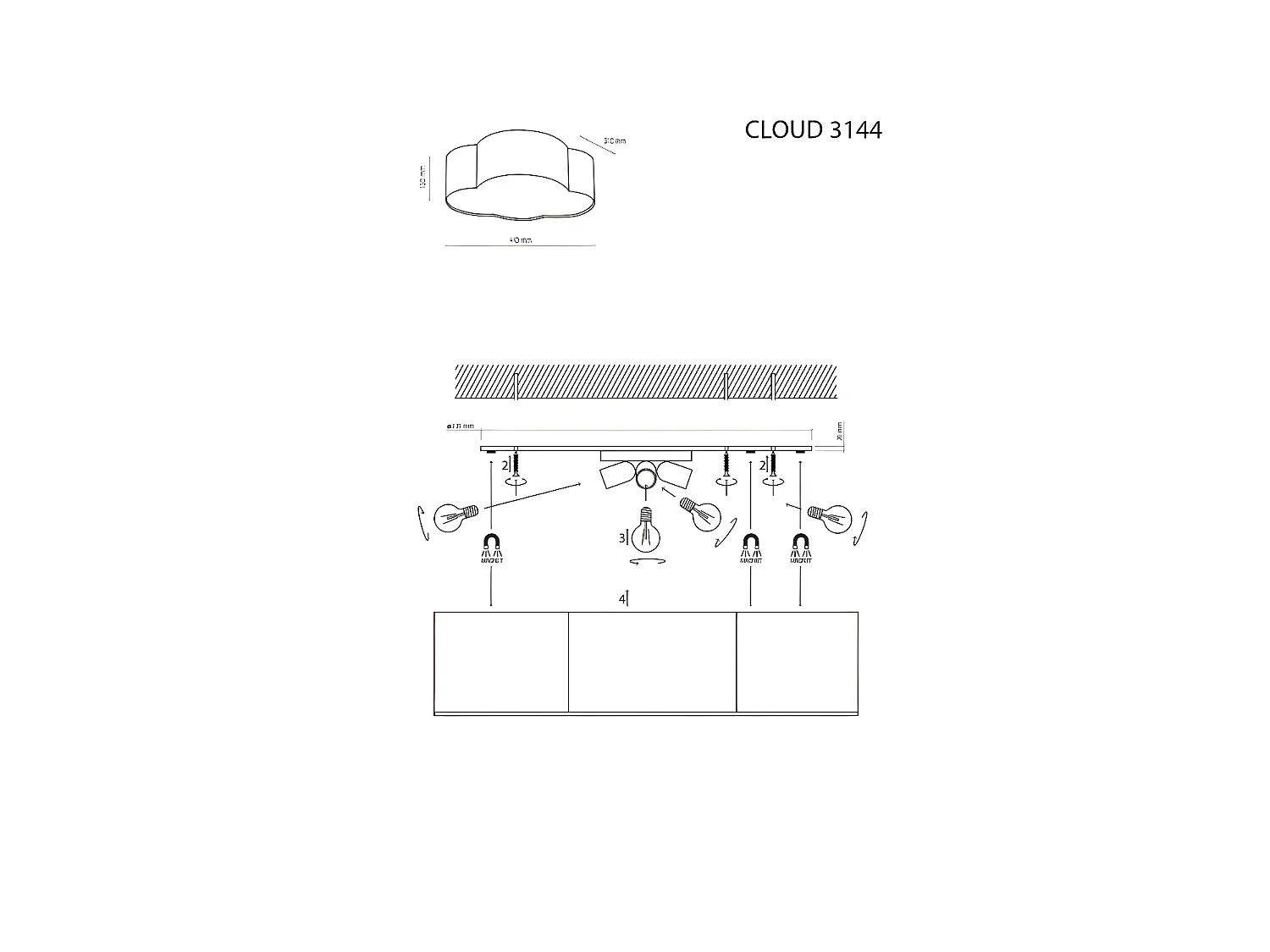 Plafonnier nuage gris – L41cm x h13cm -2xE27 - modèle CLOUD de TK LIGHTING