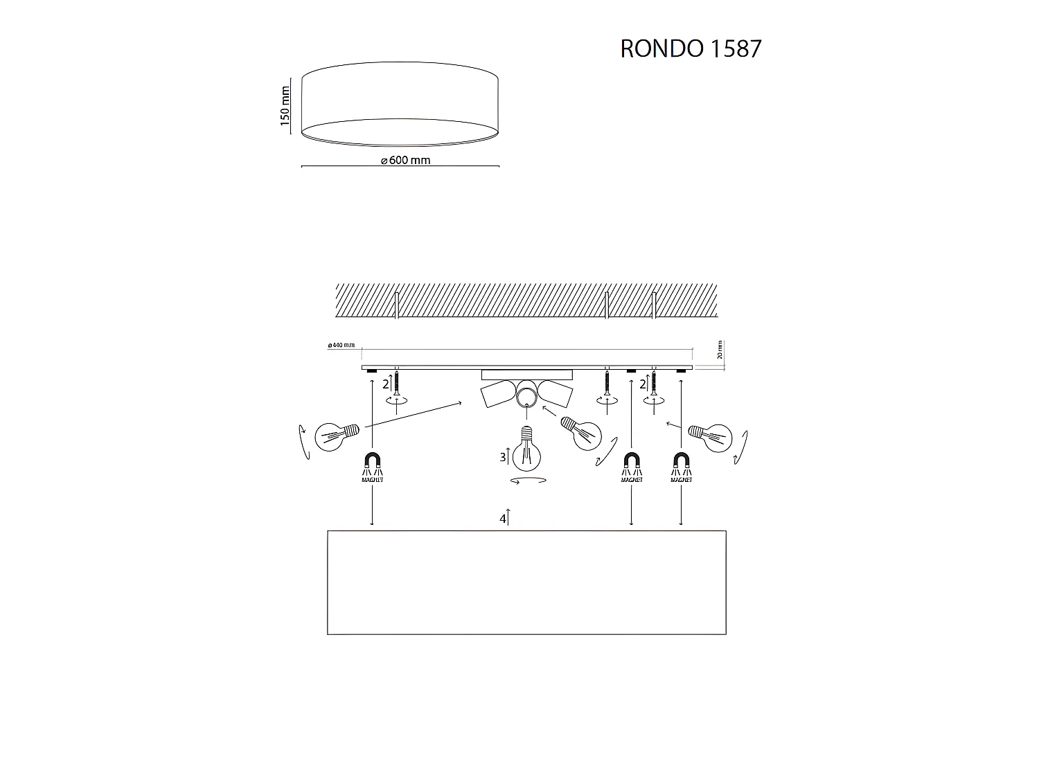 Plafonnier en tissu noir - diam 60cm x h15cm - 4x E27 - modèle RONDO de TK LIGHTING