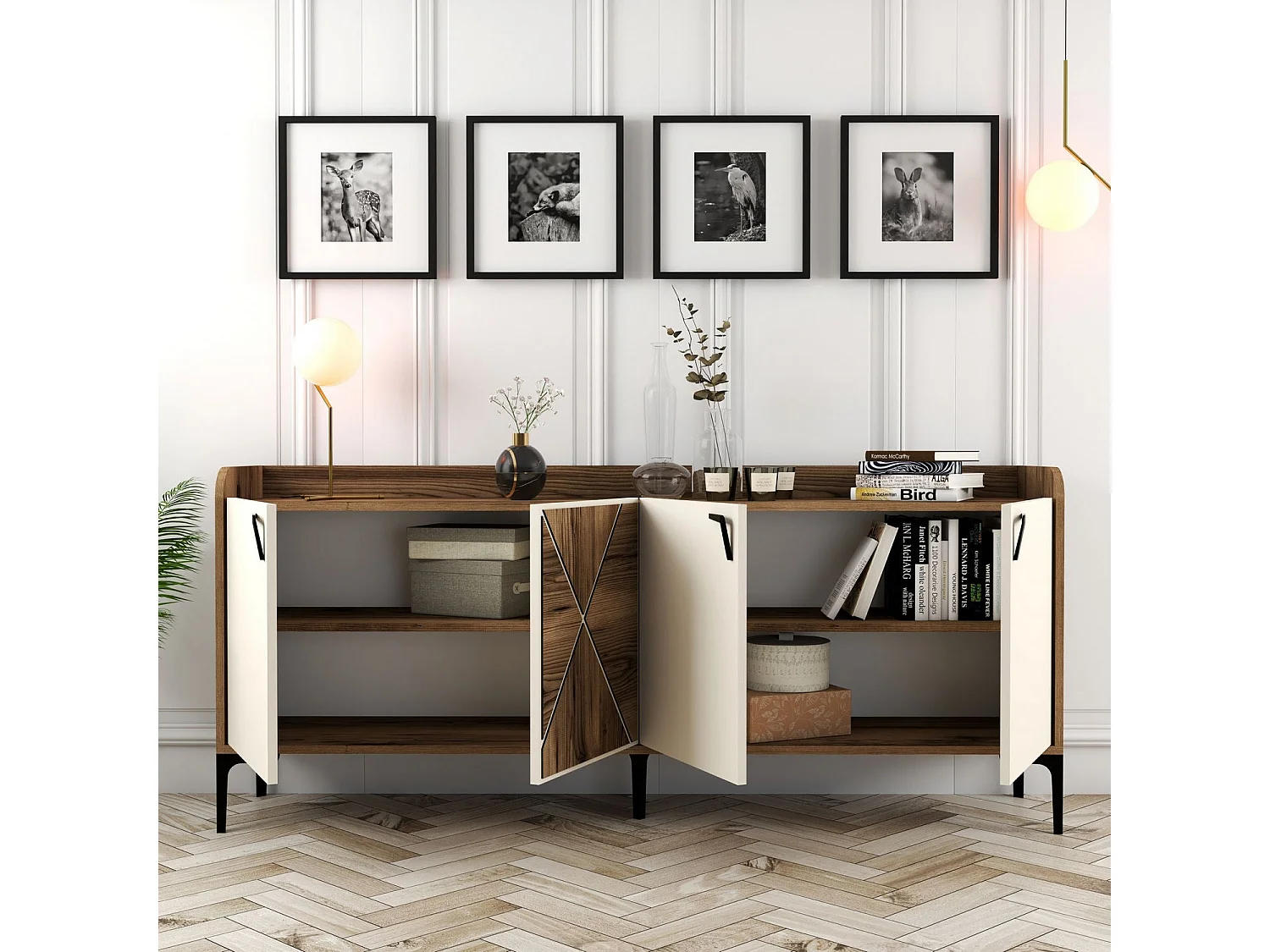 Aparador Venedik crema color nogal 180x35x78 cm