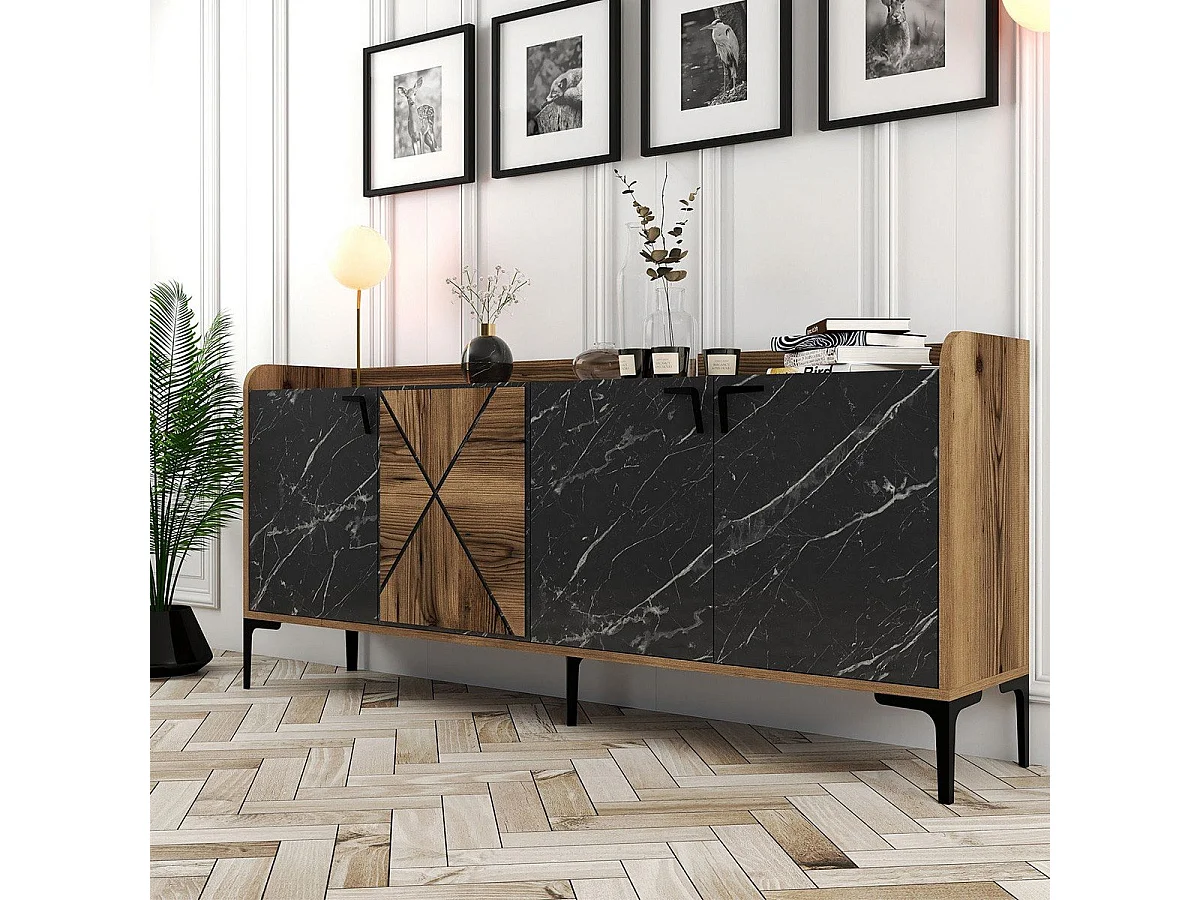 Komoda przemysłowa – 180 x 35 x 78 cm – Orzech i czerń – Płyta wiórowa pokryta melaminą