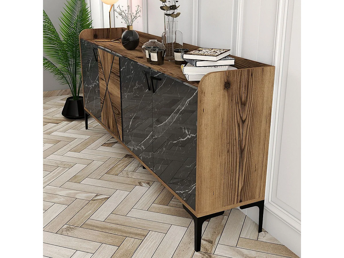 Komoda przemysłowa – 180 x 35 x 78 cm – Orzech i czerń – Płyta wiórowa pokryta melaminą