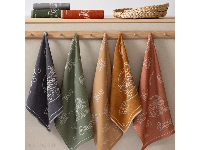 Lot de 2 torchons de cuisine pur coton motif fromage 50x50 cm BURGER orange