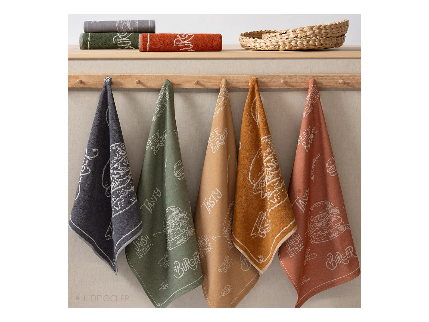 Lot de 2 torchons de cuisine pur coton motif fromage 50x50 cm BURGER orange