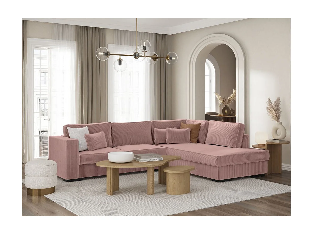 Canapé d'angle droit Belami XXL 6 places en velours côtelé - Vieux rose - L303 x P228 x H86cm - Loungitude