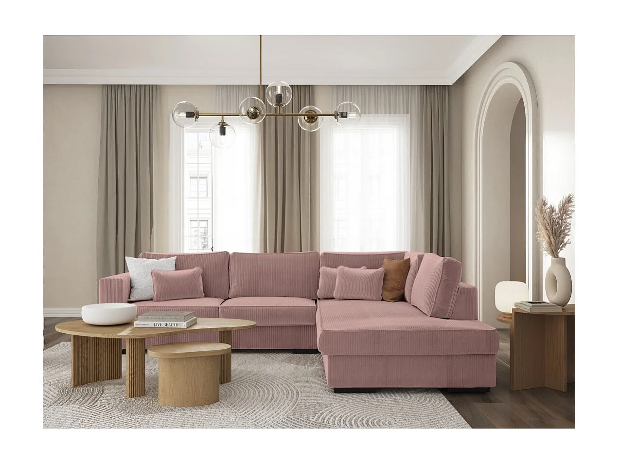 Canapé d'angle droit Belami XXL 6 places en velours côtelé - Vieux rose - L303 x P228 x H86cm - Loungitude