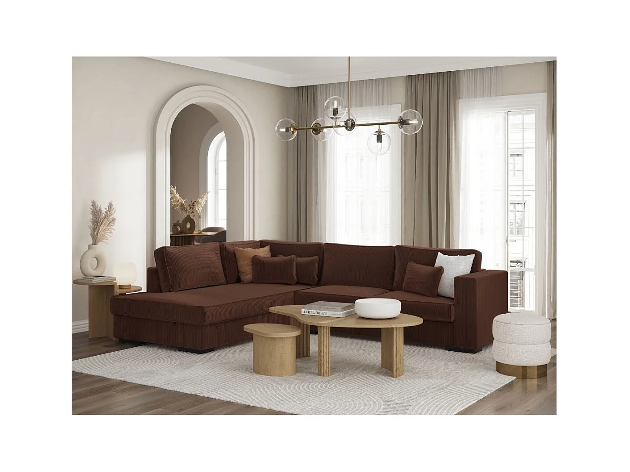 Canapé d'angle gauche Belami XXL 6 places en velours côtelé - Marron - L303 x P228 x H86cm - Loungitude