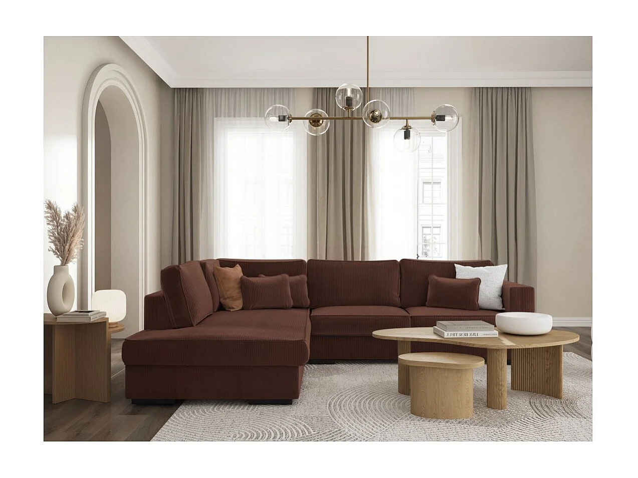 Canapé d'angle gauche Belami XXL 6 places en velours côtelé - Marron - L303 x P228 x H86cm - Loungitude