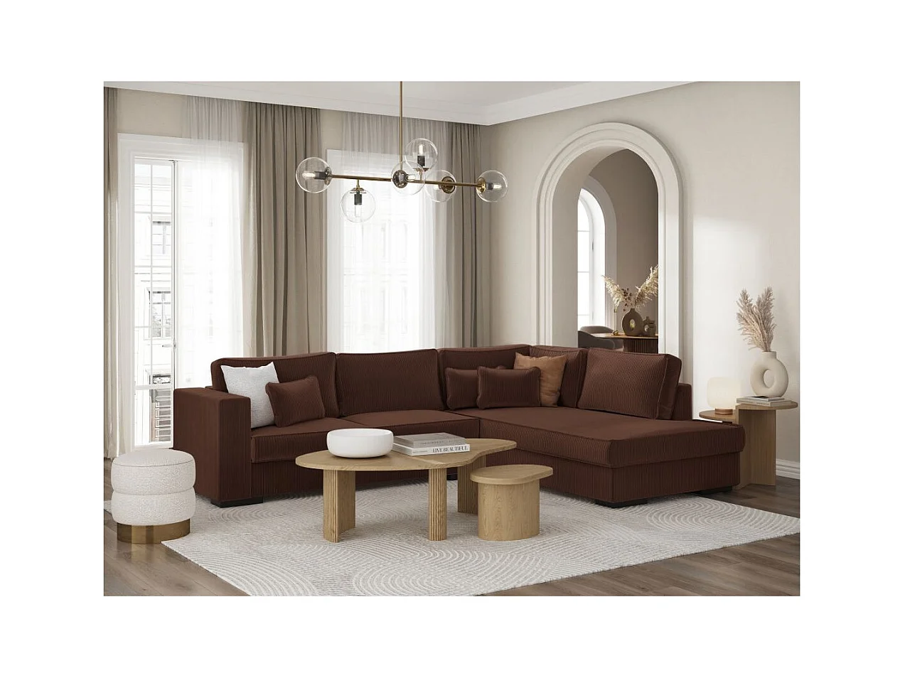 Canapé d'angle droit Belami XXL 6 places en velours côtelé - Marron - L303 x P228 x H86cm - Loungitude