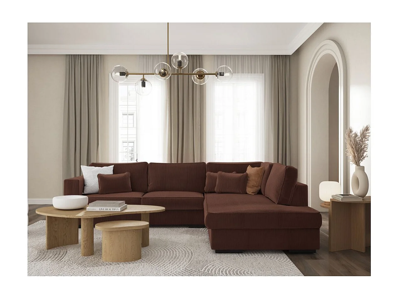 Canapé d'angle droit Belami XXL 6 places en velours côtelé - Marron - L303 x P228 x H86cm - Loungitude
