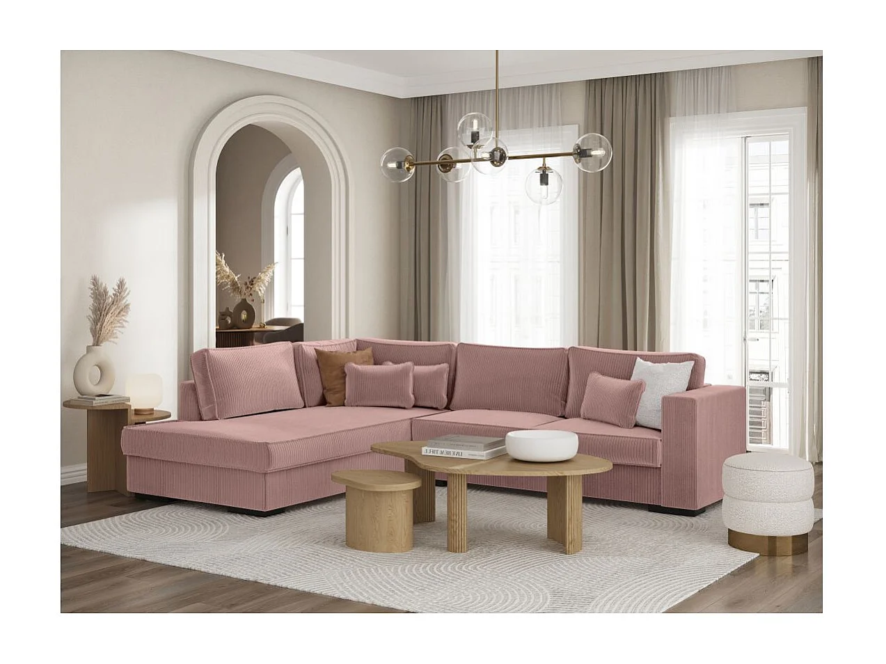 Canapé d'angle gauche Belami XXL 6 places en velours côtelé - Vieux rose - L303 x P228 x H86cm - Loungitude
