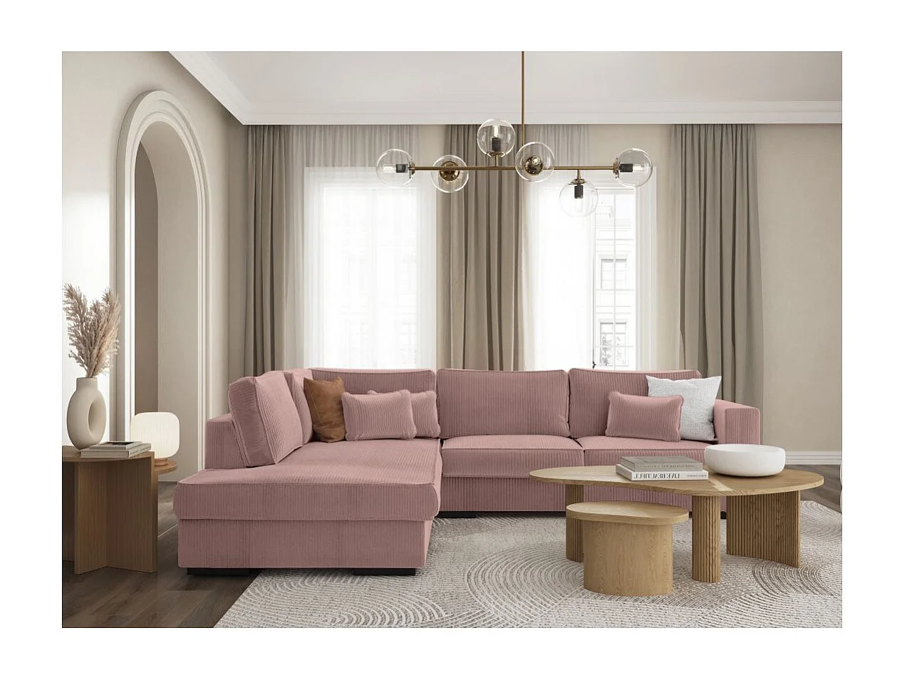Canapé d'angle gauche Belami XXL 6 places en velours côtelé - Vieux rose - L303 x P228 x H86cm - Loungitude