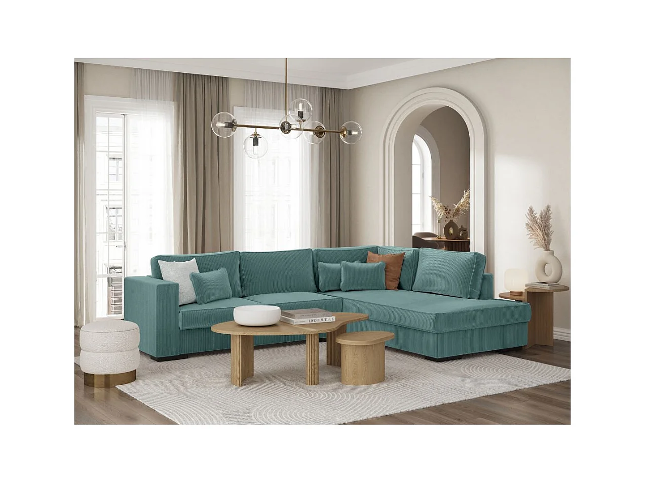 Canapé d'angle droit Belami XXL 6 places en velours côtelé - Bleu clair - L303 x P228 x H86cm - Loungitude