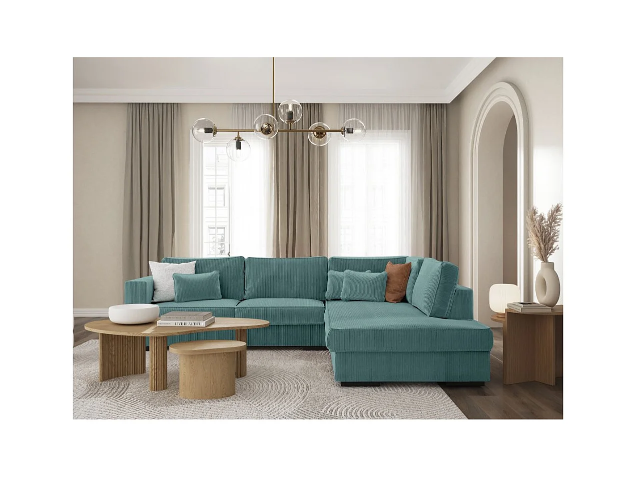 Canapé d'angle droit Belami XXL 6 places en velours côtelé - Bleu clair - L303 x P228 x H86cm - Loungitude