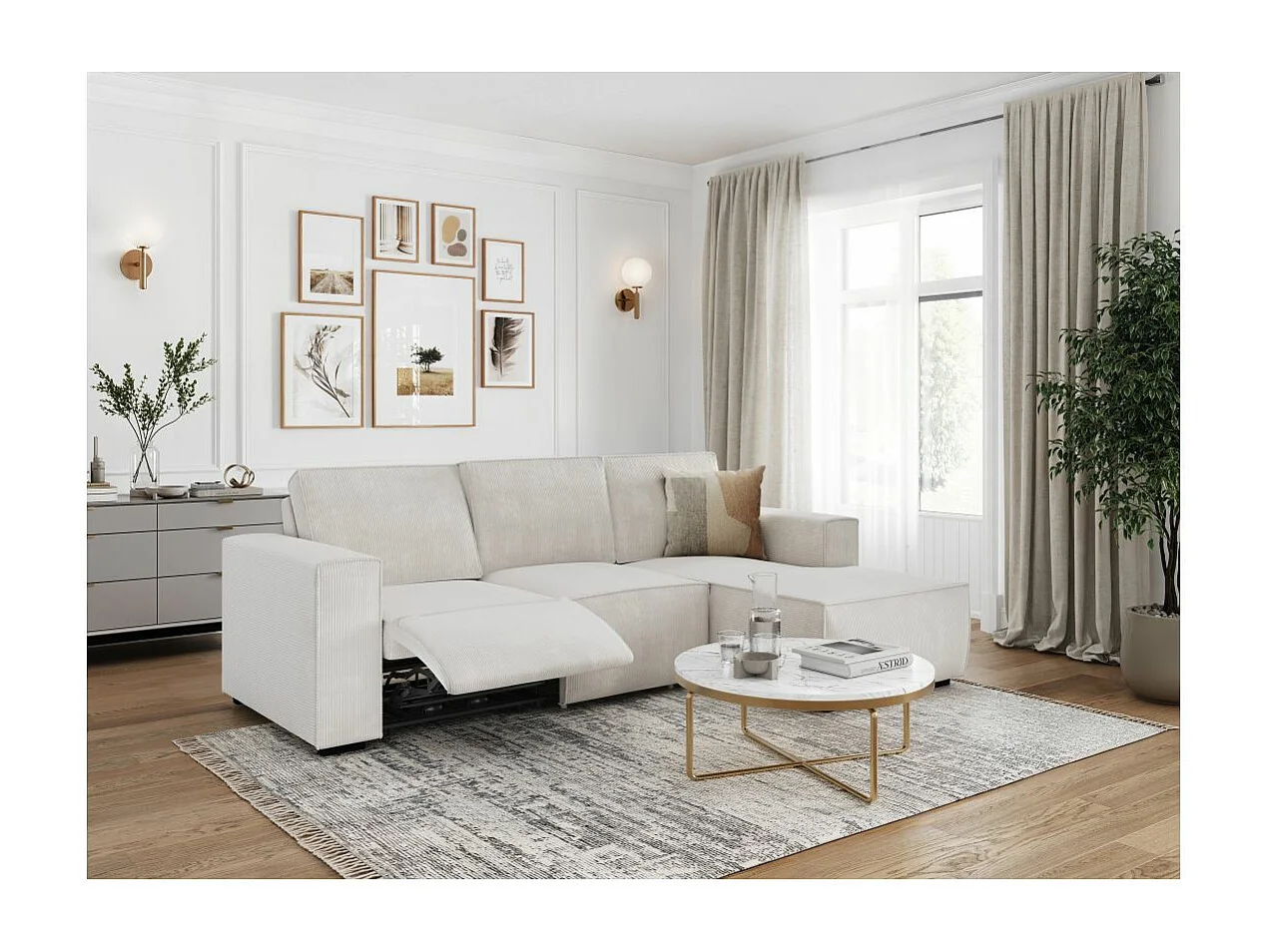 Canapé d'angle droit de relaxation électrique Charline 3 places en velours côtelé - Beige - L269 x P166 x H92cm - Loungitude