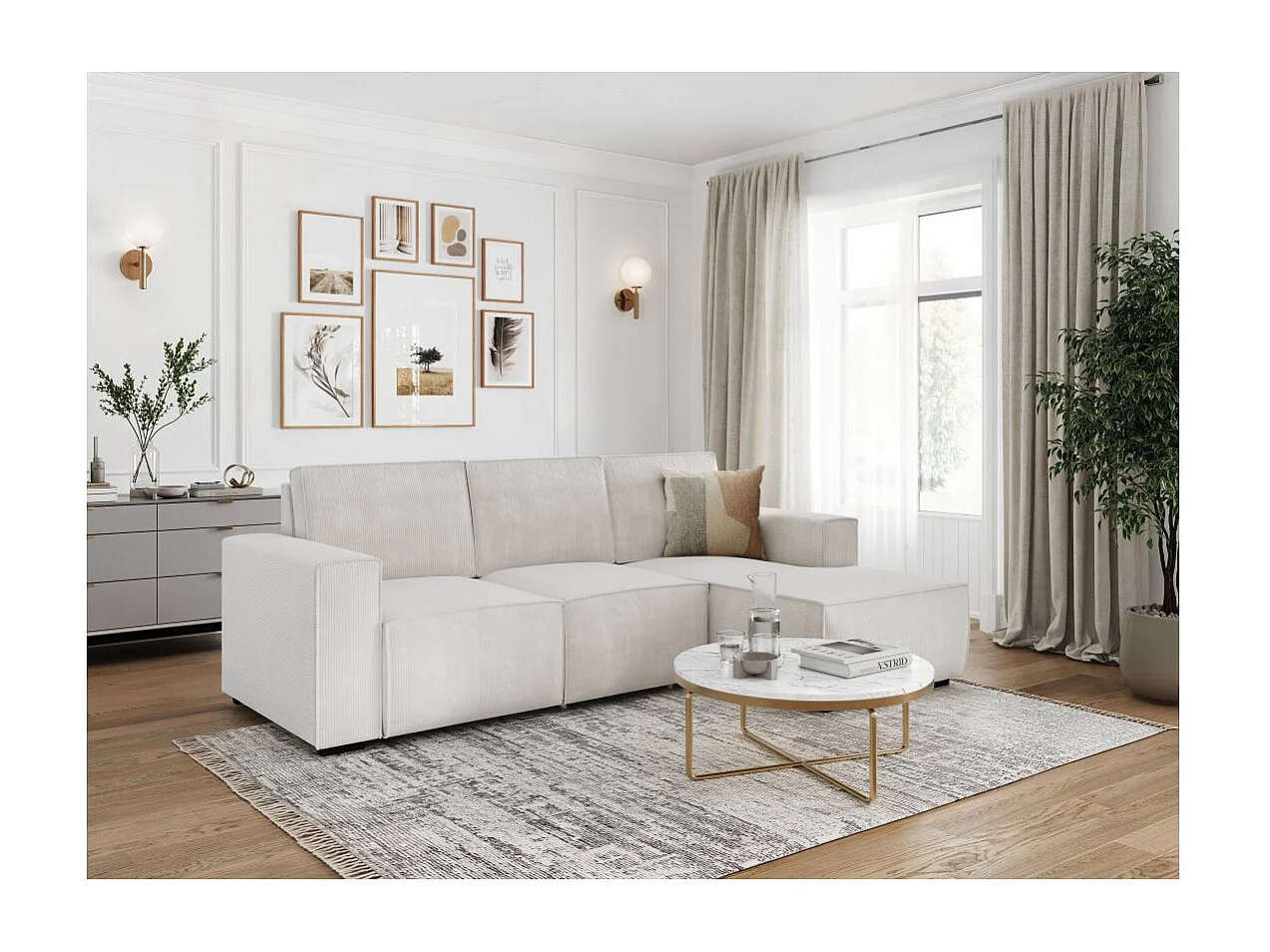 Canapé d'angle droit de relaxation électrique Charline 3 places en velours côtelé - Beige - L269 x P166 x H92cm - Loungitude