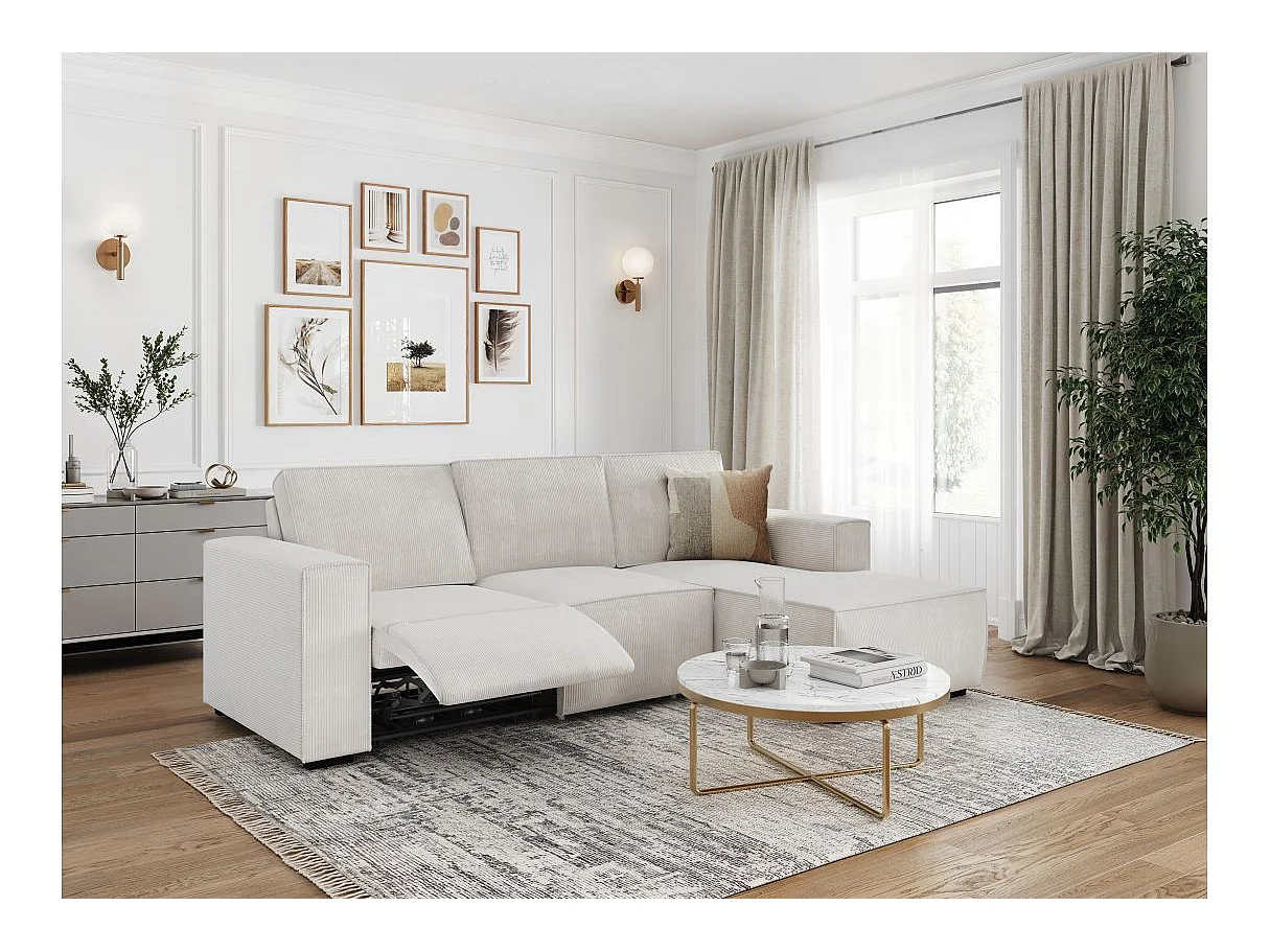 Canapé d'angle droit de relaxation électrique Charline 3 places en velours côtelé - Beige - L269 x P166 x H92cm - Loungitude