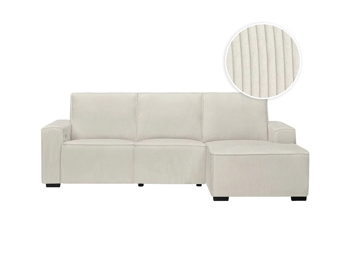 Canapé d'angle droit de relaxation électrique Charline 3 places en velours côtelé - Beige - L269 x P166 x H92cm - Loungitude