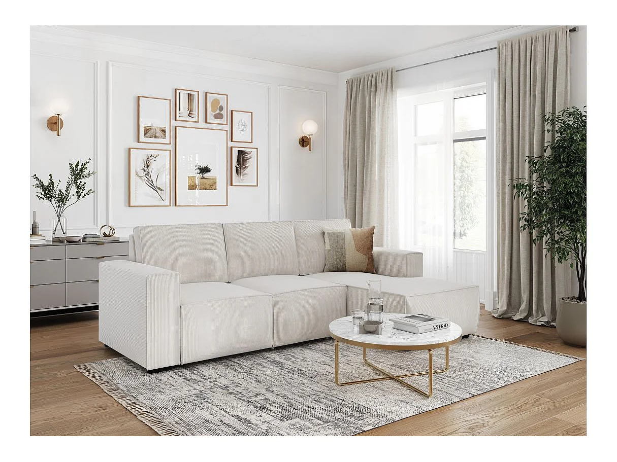 Canapé d'angle droit de relaxation électrique Charline 3 places en velours côtelé - Beige - L269 x P166 x H92cm - Loungitude