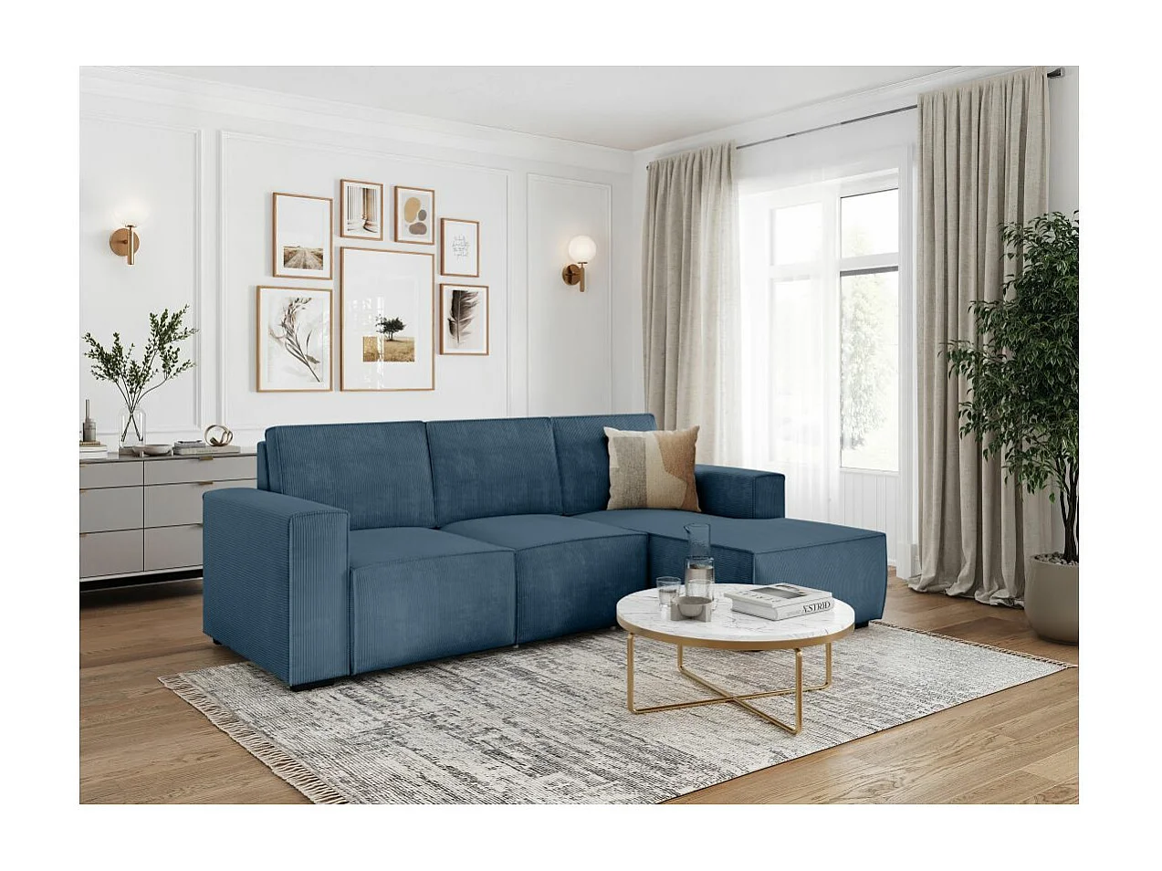 Canapé d'angle droit de relaxation électrique Charline 3 places en velours côtelé - Bleu foncé - L269 x P166 x H92cm - Loungitude