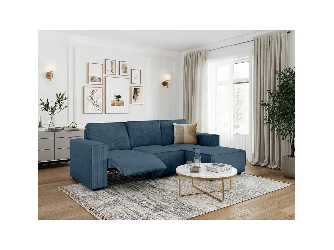 Canapé d'angle droit de relaxation électrique Charline 3 places en velours côtelé - Bleu foncé - L269 x P166 x H92cm - Loungitude