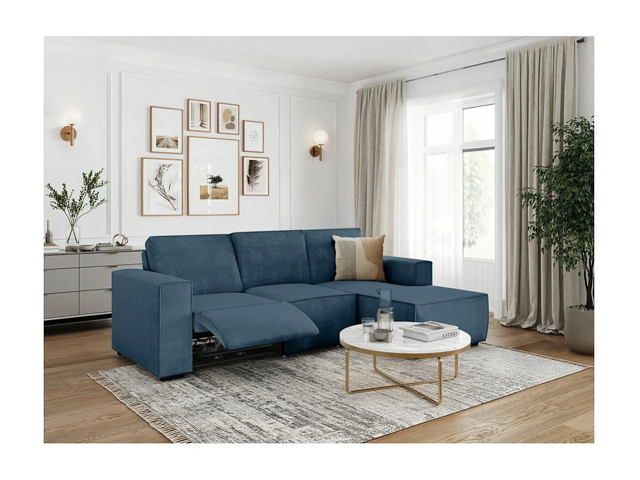 Canapé d'angle droit de relaxation électrique Charline 3 places en velours côtelé - Bleu foncé - L269 x P166 x H92cm - Loungitude