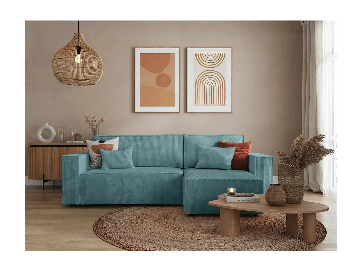 Canapé d'angle 3 places convertible réversible Clarisse avec coffre en velours côtelé- Bleu clair - L269 x P159 x H89cm - Loungitude