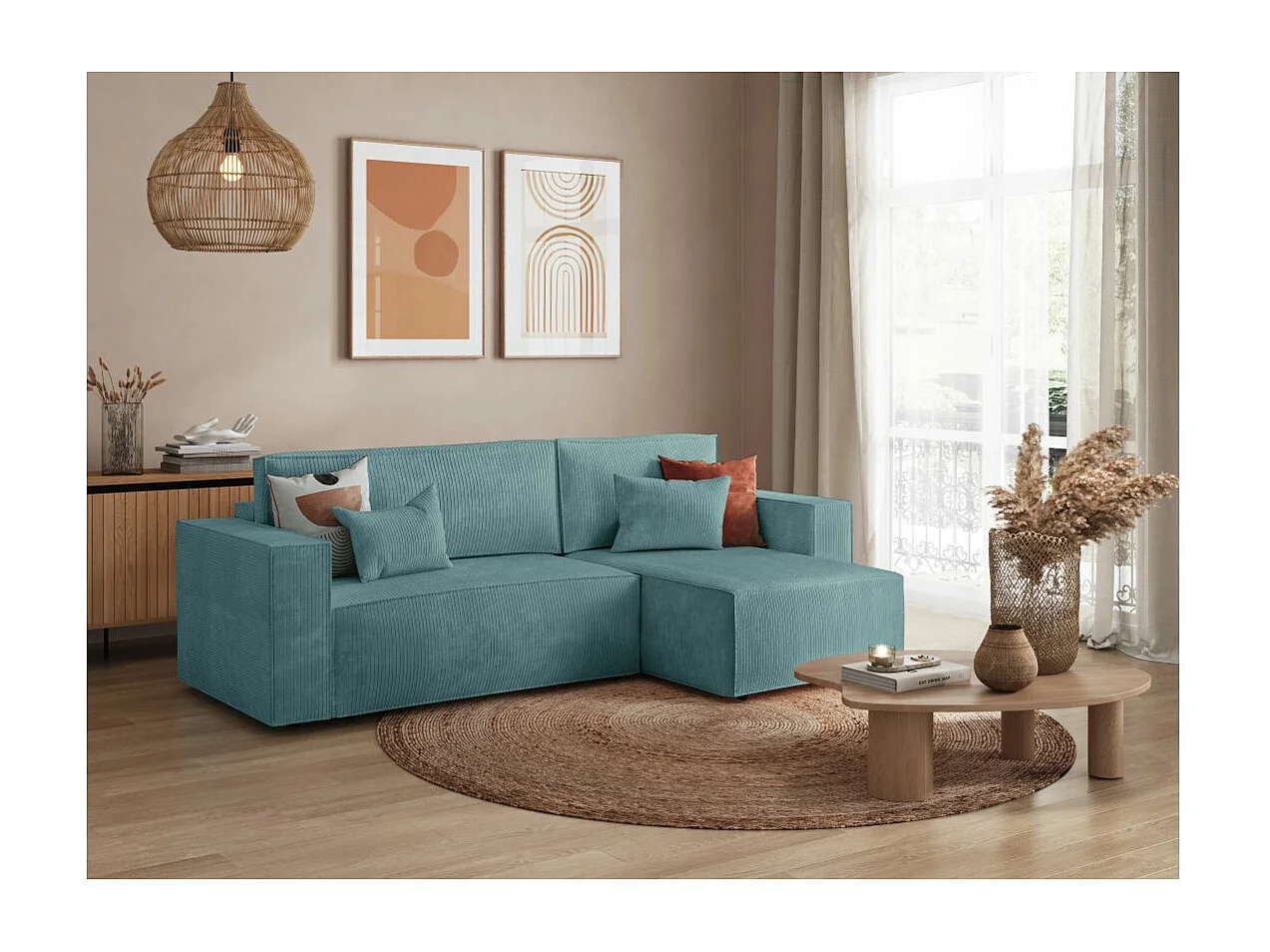 Canapé d'angle 3 places convertible réversible Clarisse avec coffre en velours côtelé- Bleu clair - L269 x P159 x H89cm - Loungitude