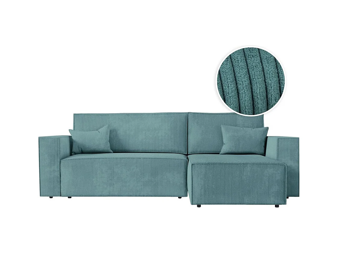 Canapé d'angle 3 places convertible réversible Clarisse avec coffre en velours côtelé- Bleu clair - L269 x P159 x H89cm - Loungitude
