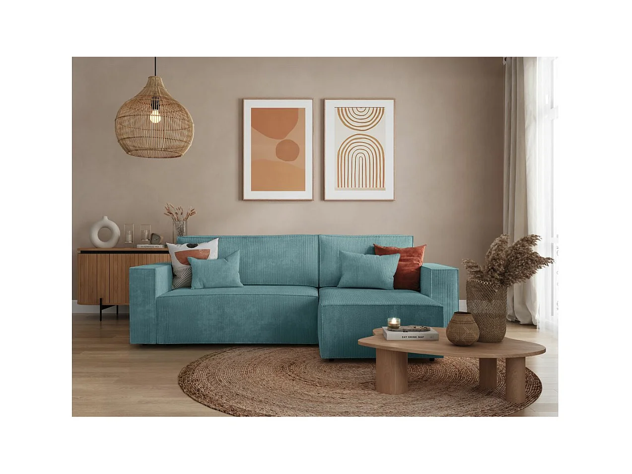 Canapé d'angle 3 places convertible réversible Clarisse avec coffre en velours côtelé- Bleu clair - L269 x P159 x H89cm - Loungitude