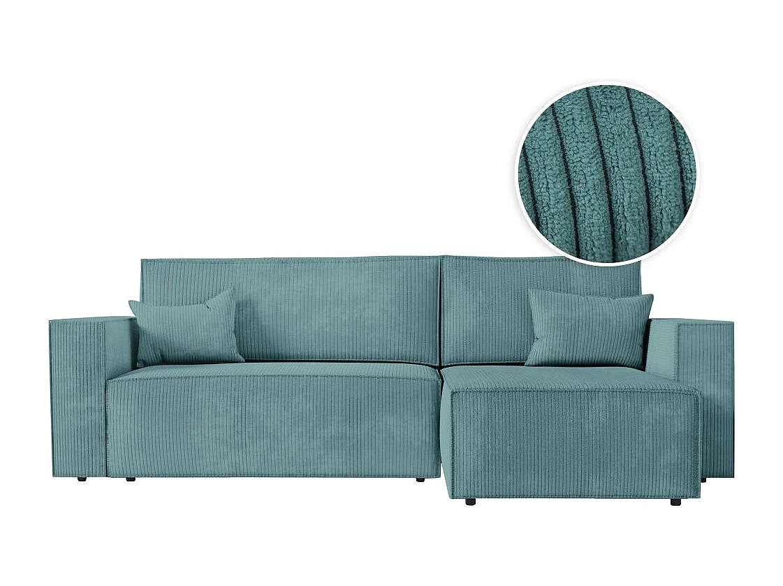 Canapé d'angle 3 places convertible réversible Clarisse avec coffre en velours côtelé- Bleu clair - L269 x P159 x H89cm - Loungitude