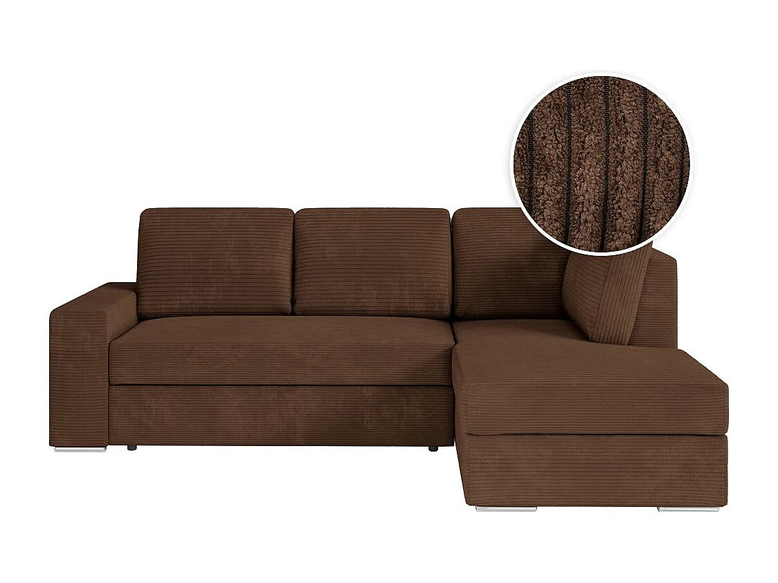 Canapé d'angle droit 3 places convertible Aden avec coffre en velours côtelé - Marron - L246 x P174 x H96cm - Loungitude