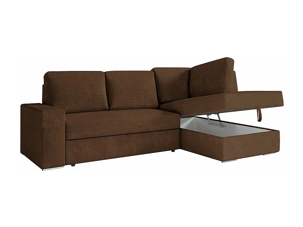 Canapé d'angle droit 3 places convertible Aden avec coffre en velours côtelé - Marron - L246 x P174 x H96cm - Loungitude