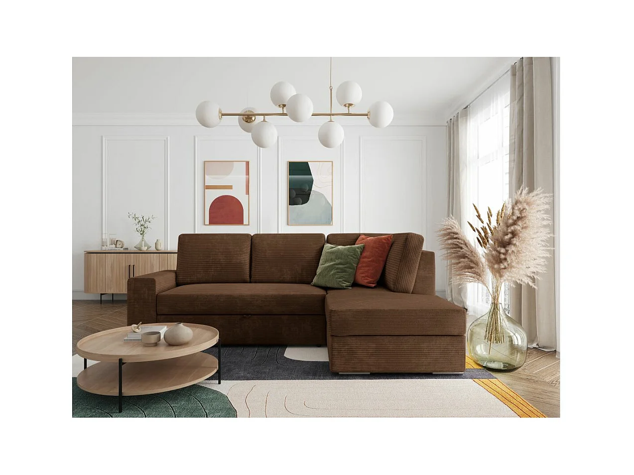 Canapé d'angle droit 3 places convertible Aden avec coffre en velours côtelé - Marron - L246 x P174 x H96cm - Loungitude