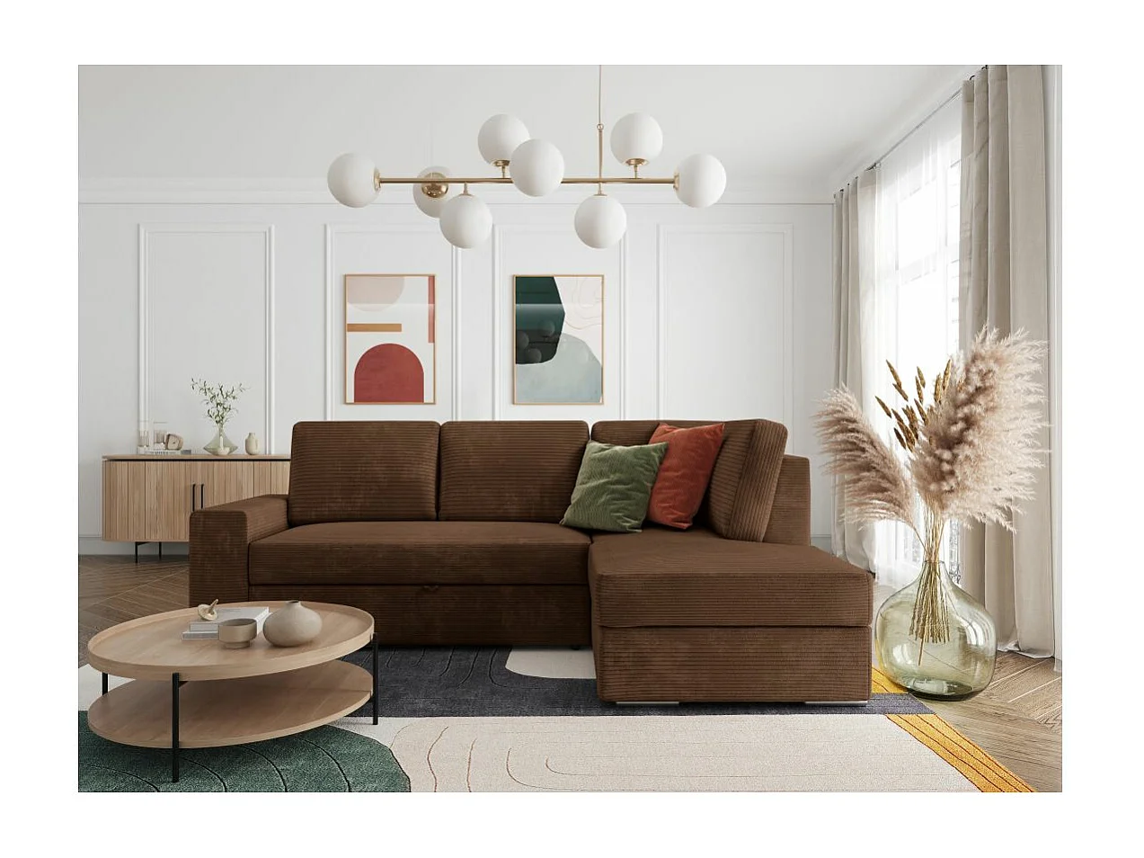 Canapé d'angle droit 3 places convertible Aden avec coffre en velours côtelé - Marron - L246 x P174 x H96cm - Loungitude