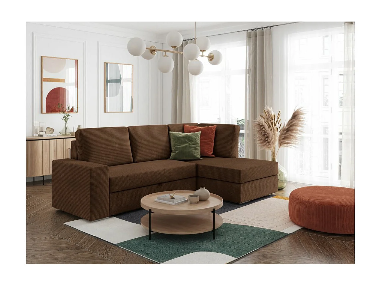 Canapé d'angle droit 3 places convertible Aden avec coffre en velours côtelé - Marron - L246 x P174 x H96cm - Loungitude