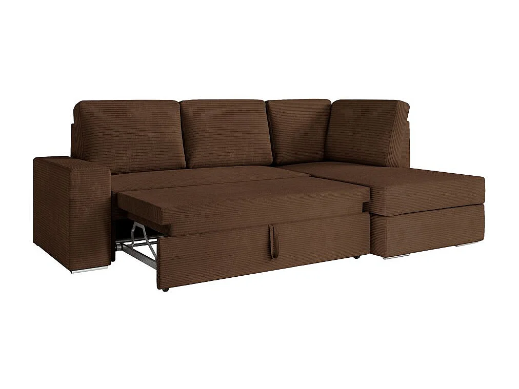 Canapé d'angle droit 3 places convertible Aden avec coffre en velours côtelé - Marron - L246 x P174 x H96cm - Loungitude