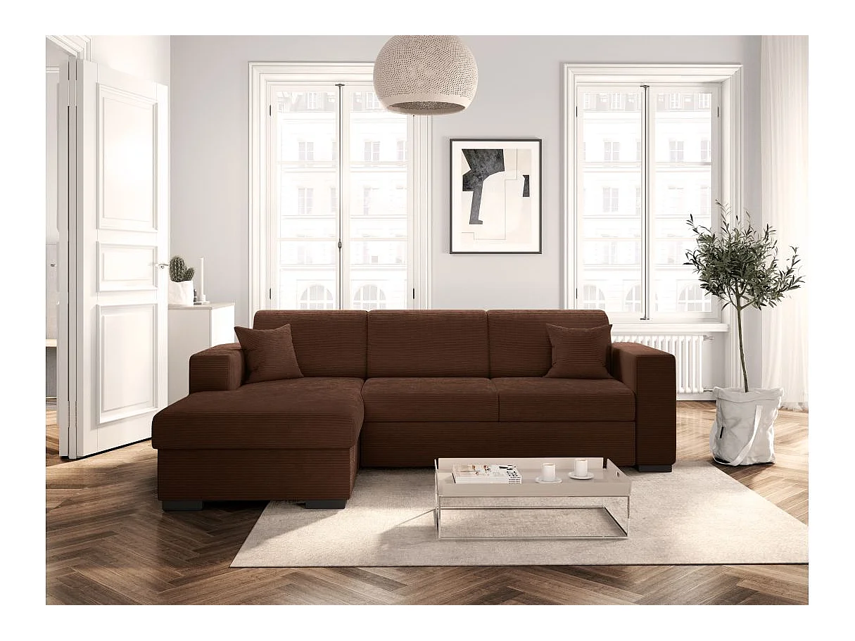 Canapé d'angle convertible 4 places avec coffre en velours marron