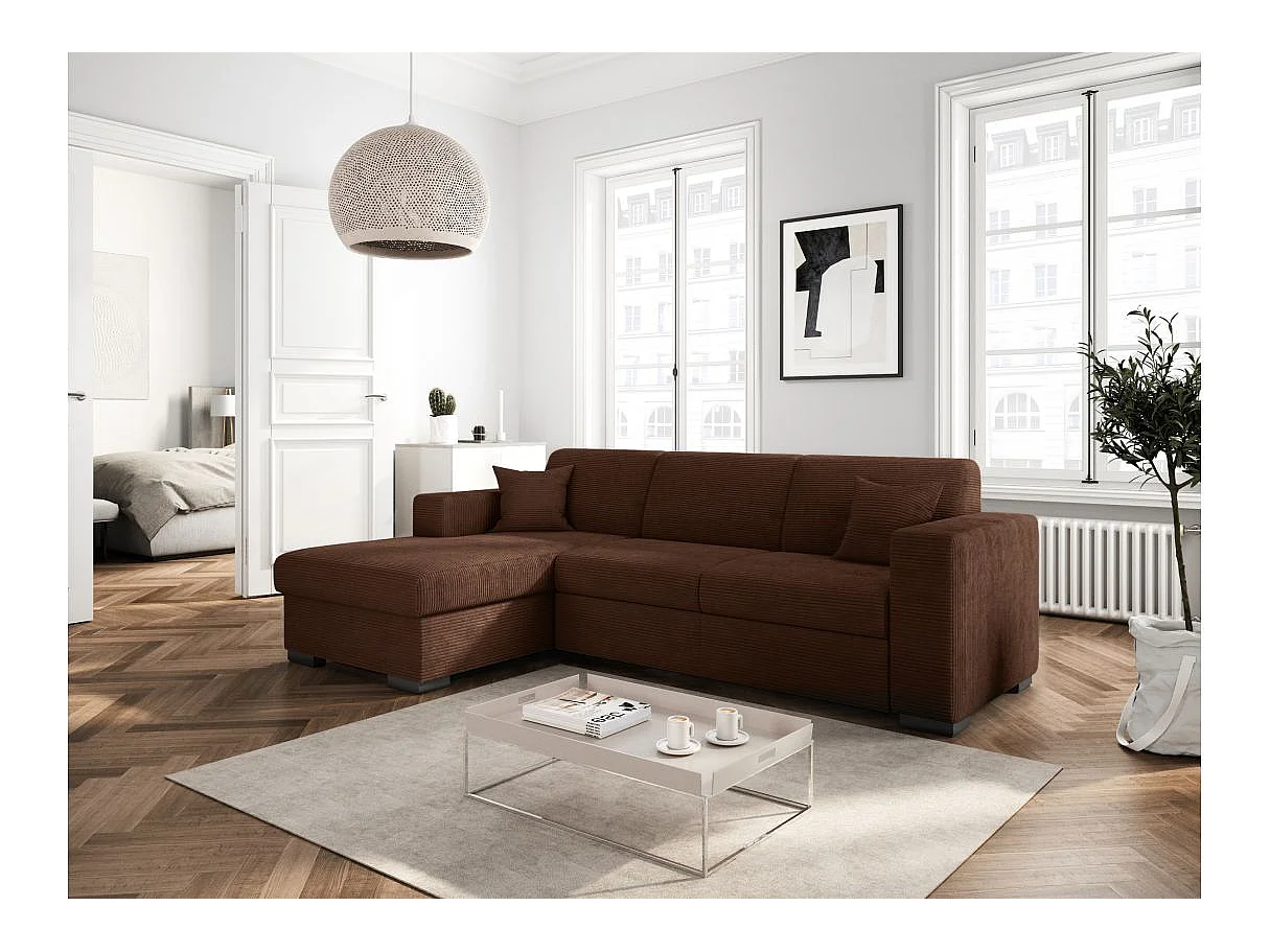 Canapé d'angle convertible 4 places avec coffre en velours marron