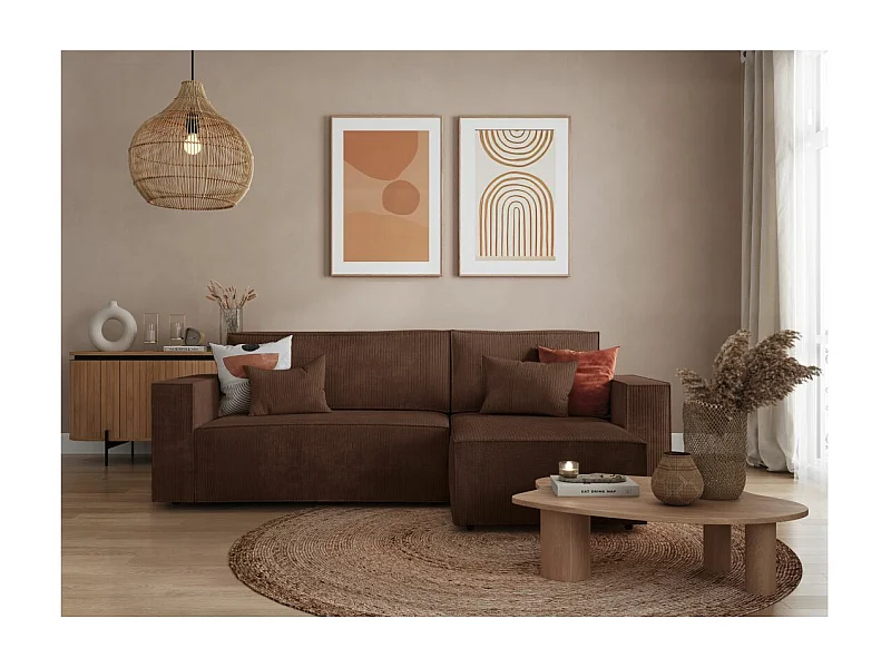 Canapé d'angle 3 places convertible réversible Clarisse avec coffre en velours côtelé - Marron - L269 x P159 x H89cm - Loungitude