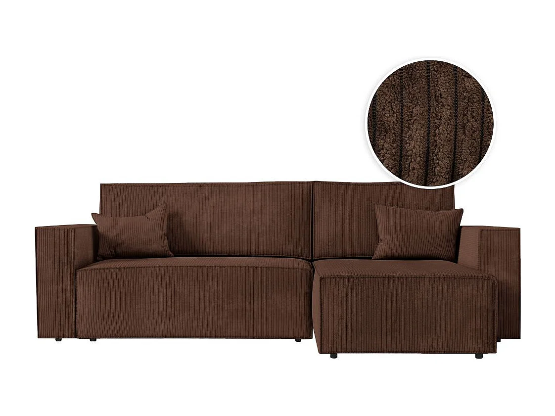 Canapé d'angle 3 places convertible réversible Clarisse avec coffre en velours côtelé - Marron - L269 x P159 x H89cm - Loungitude