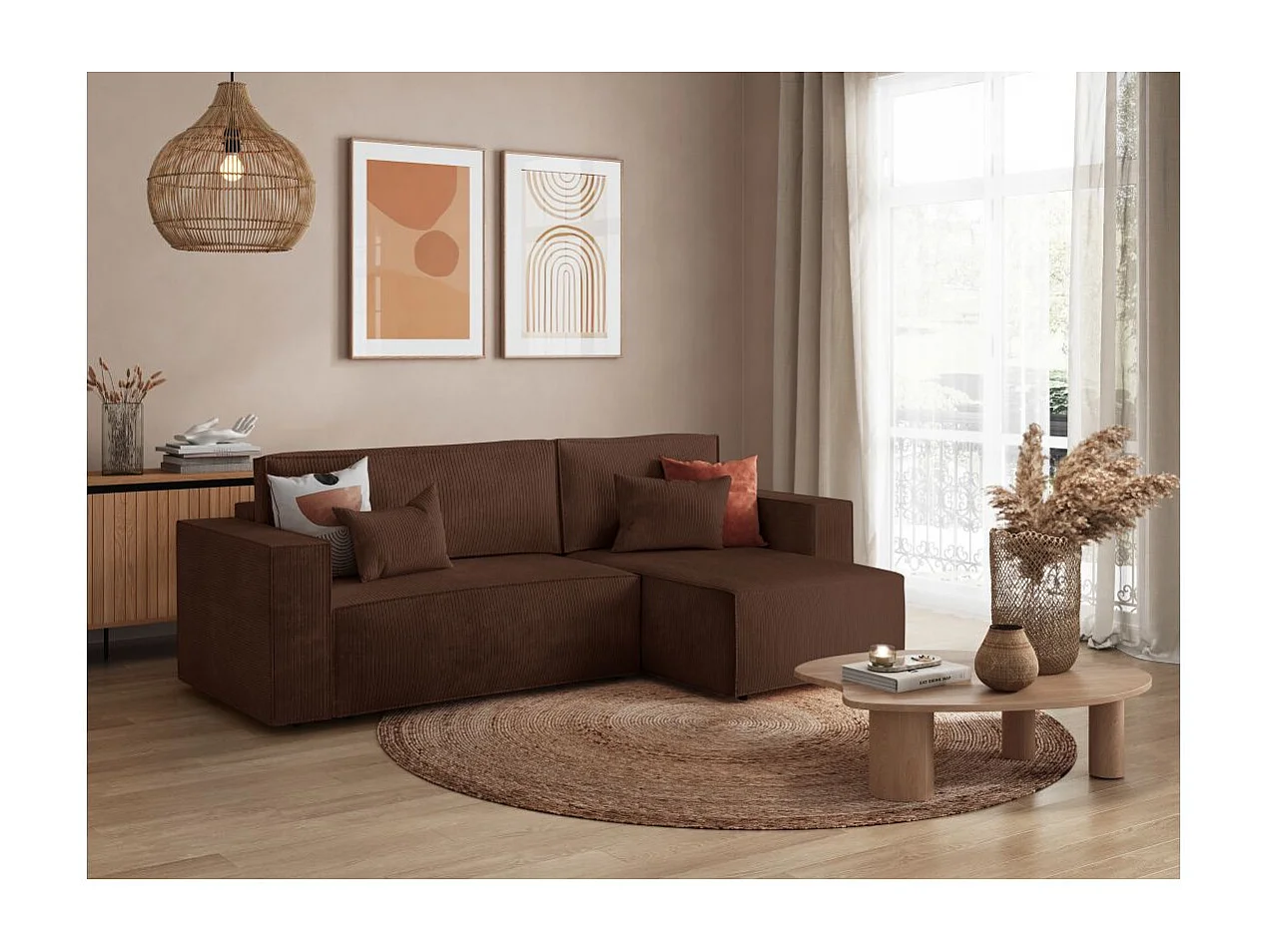 Canapé d'angle 3 places convertible réversible Clarisse avec coffre en velours côtelé - Marron - L269 x P159 x H89cm - Loungitude