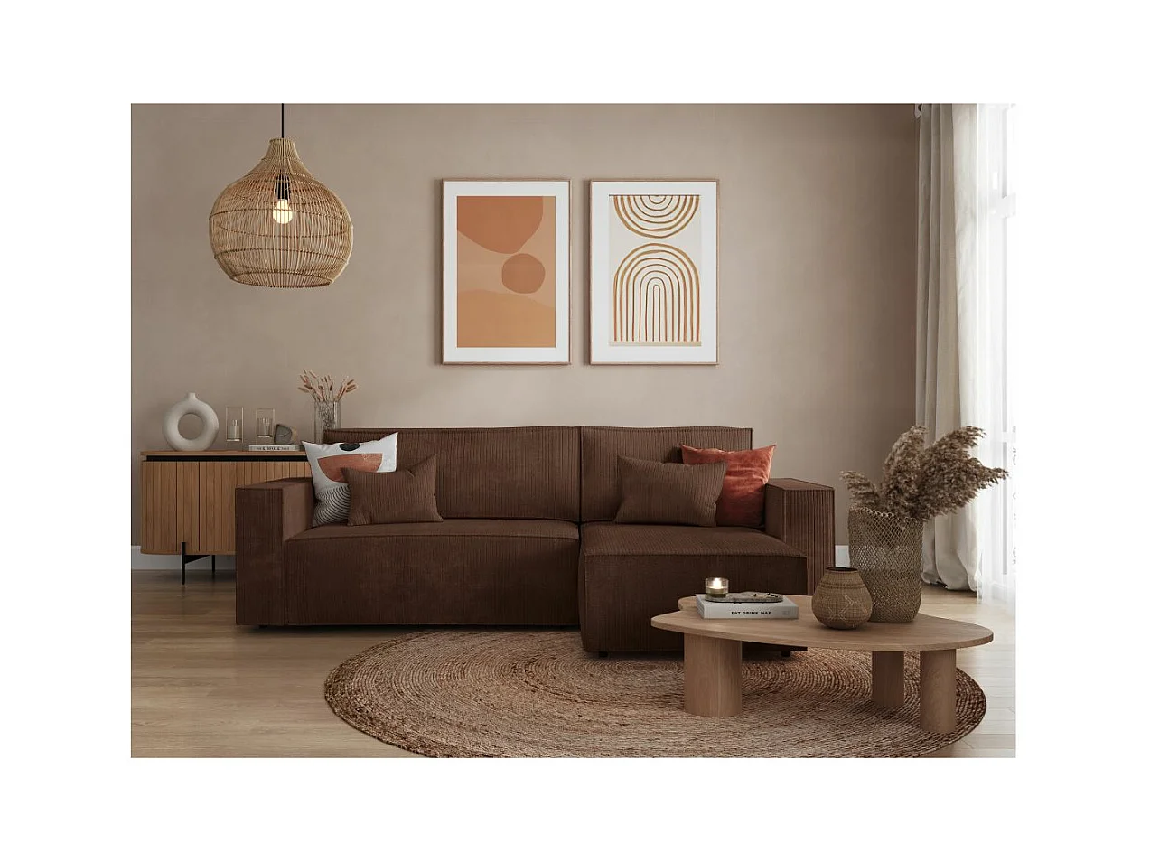 Canapé d'angle 3 places convertible réversible Clarisse avec coffre en velours côtelé - Marron - L269 x P159 x H89cm - Loungitude