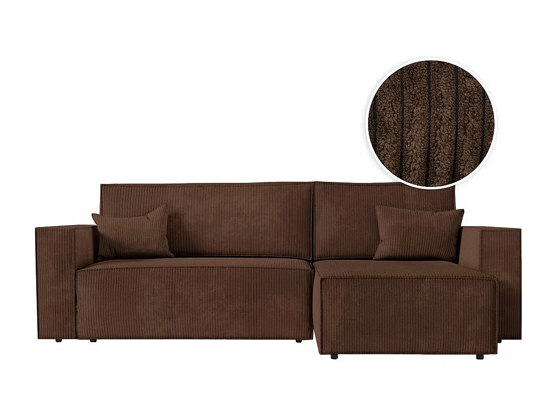 Canapé d'angle 3 places convertible réversible Clarisse avec coffre en velours côtelé - Marron - L269 x P159 x H89cm - Loungitude