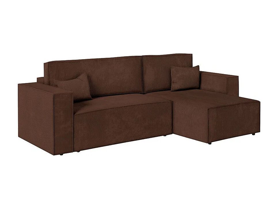 Canapé d'angle 3 places convertible réversible Clarisse avec coffre en velours côtelé - Marron - L269 x P159 x H89cm - Loungitude