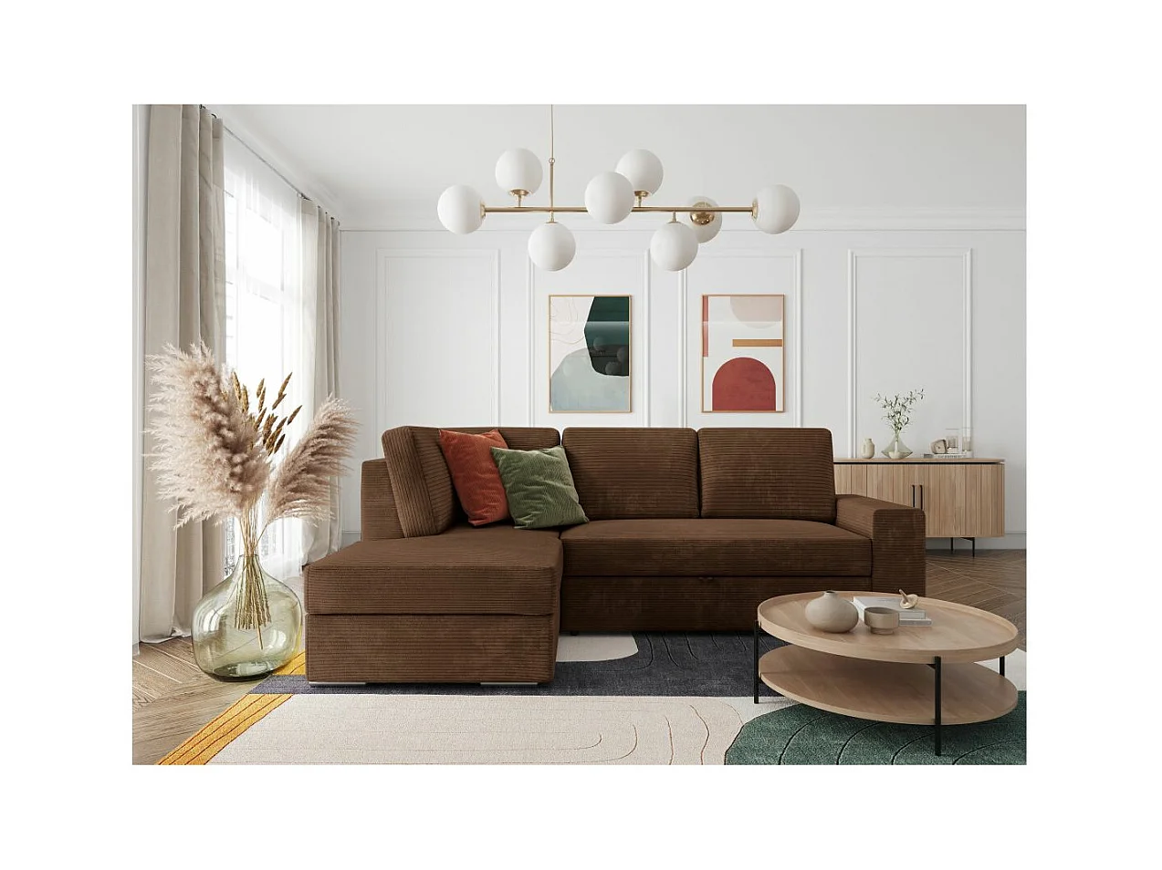 Canapé d'angle gauche 3 places convertible Aden avec coffre en velours côtelé - Marron - L246 x P174 x H96cm - Loungitude