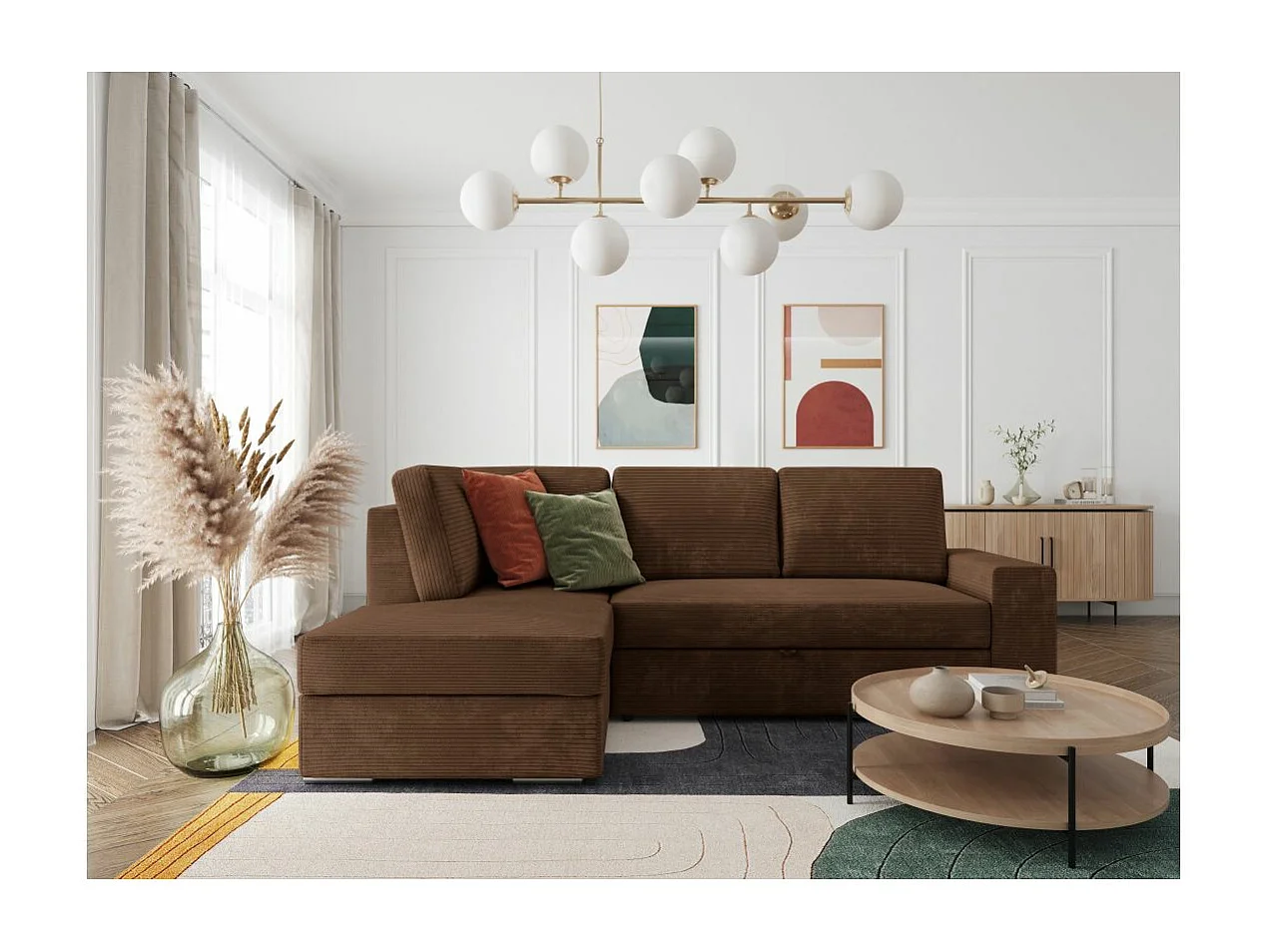 Canapé d'angle gauche 3 places convertible Aden avec coffre en velours côtelé - Marron - L246 x P174 x H96cm - Loungitude